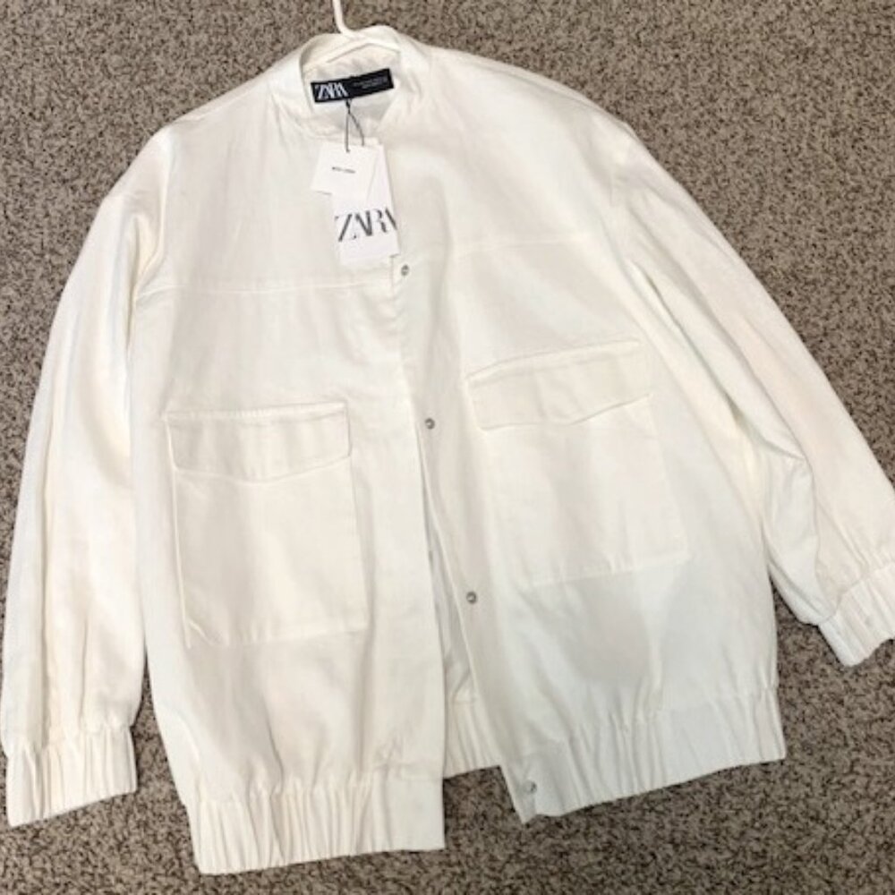 Zara White Linen Blend Bomber